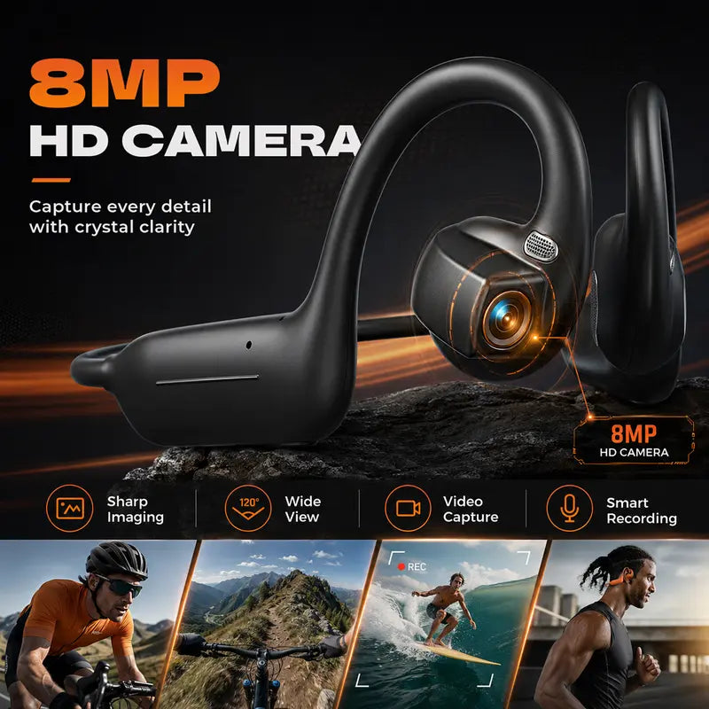 E12 Bone Conduction Bluetooth Headphones With 8MP EIS Stabilized Camera, 160+ Languages Instant Translation