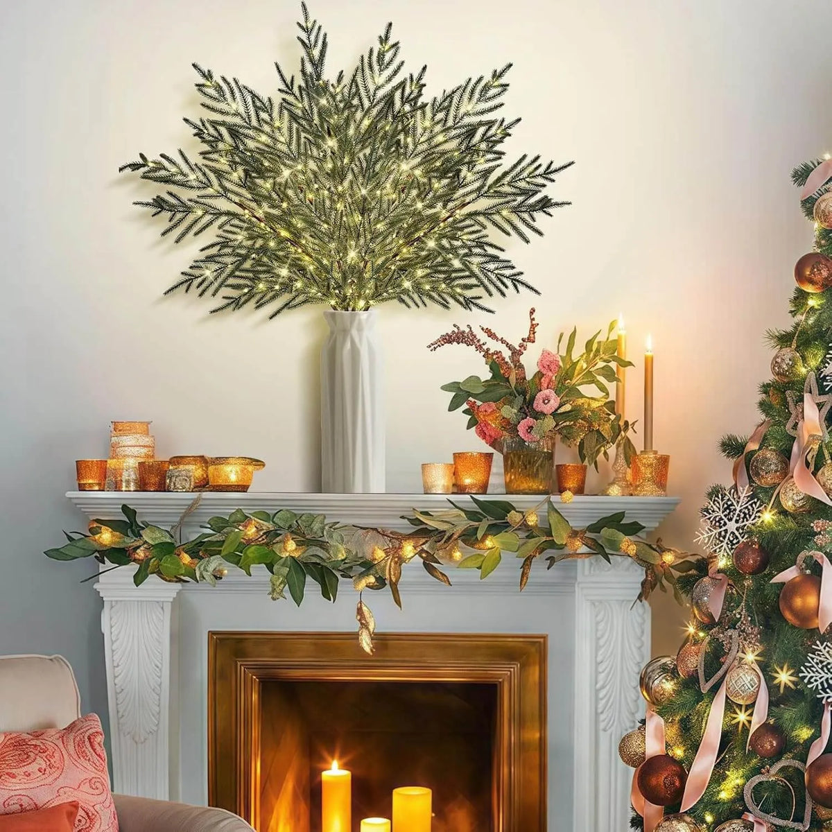 Lighted Norfolk pine branches beside Christmas fireplace