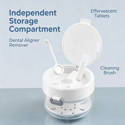 🦷Retainer Cleaner Soak Box with Drain Tray Mirror Brush Travel Storage Case