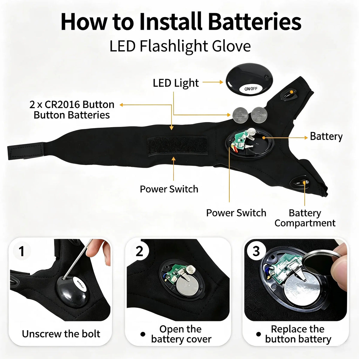 How to replace batteries in LED flashlight glove