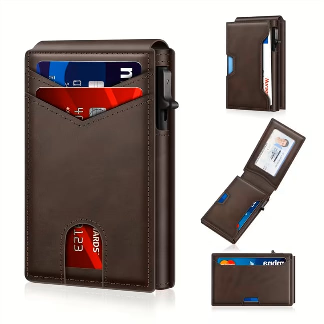💥Last Day 49% OFF💥Wallet for Men - with Pop Up Aluminum Case Money Clip Slim Leather Slots Credit Card Holder RFID Blocking Bifold Minimalist Wallet