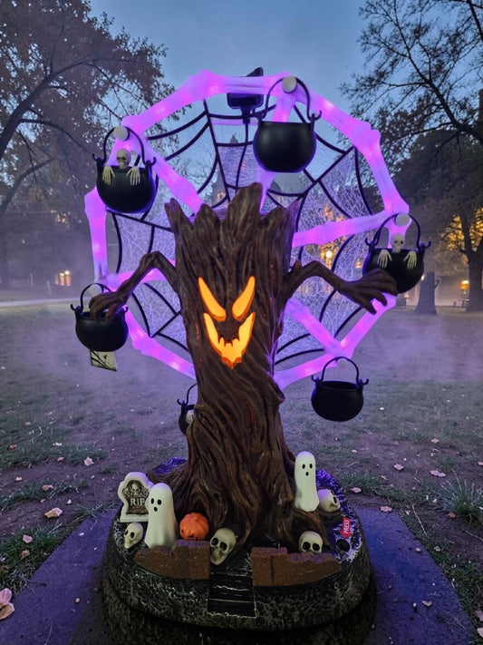 🎉📦Free Shipping🛫Rotating Halloween Ghost Tree Ferris Wheel Table Decor, LED Light Up Skeleton Spider Web Spooky Figurine with Sound