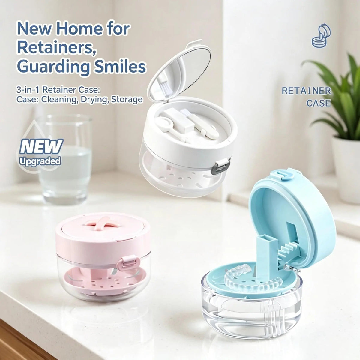 🦷Retainer Cleaner Soak Box with Drain Tray Mirror Brush Travel Storage Case
