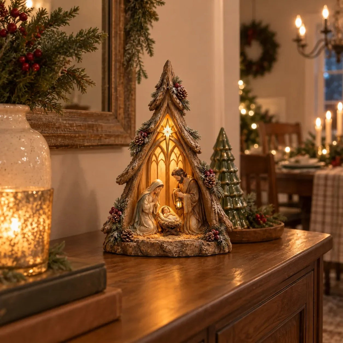 Old-World Lighted Nativity Trees