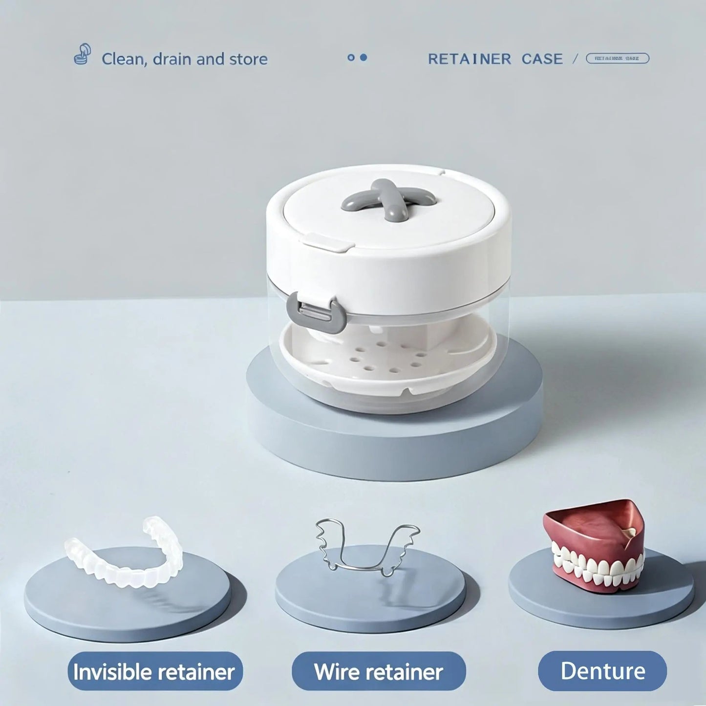 🦷Retainer Cleaner Soak Box with Drain Tray Mirror Brush Travel Storage Case