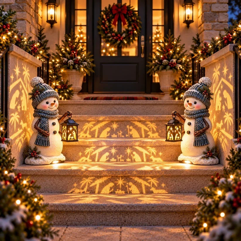 ⛄ Last Day 49% Snowman Nativity Glow™ – Solar Christmas Step Light with Holy Family Projection