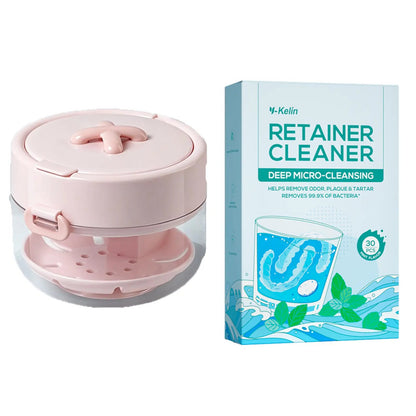 🦷Retainer Cleaner Soak Box with Drain Tray Mirror Brush Travel Storage Case
